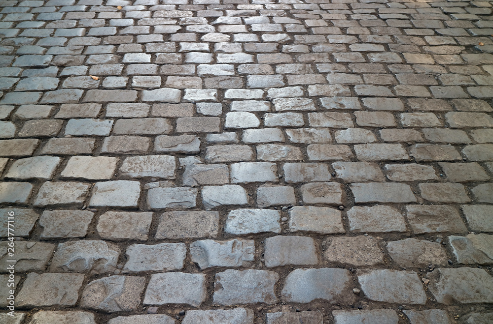 Historic cobblestone pavement in the Cerro Santa Lucia Hill public park, Santiago, Chile 