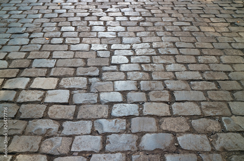 Historic cobblestone pavement in the Cerro Santa Lucia Hill public park, Santiago, Chile 