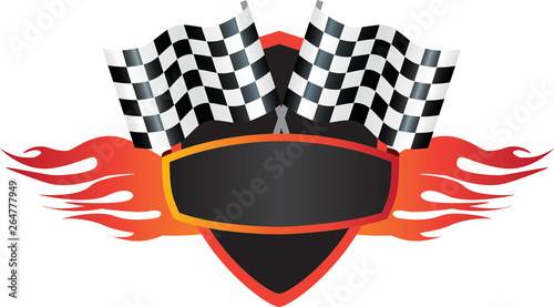 motorsports flame and flag logo shield