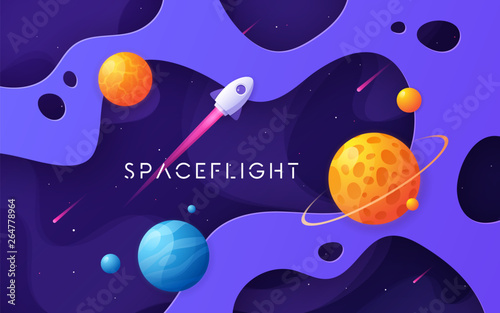 Colorful cartoon outer space background, design, banner, artwork.