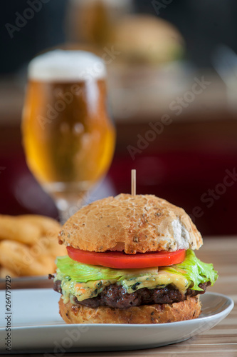 hamburger and french fries and beer