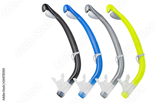 four colored breathing tubes for diving, lined up on a white background