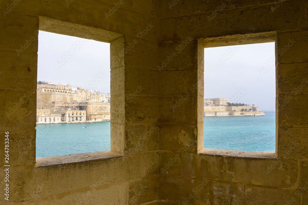  Valletta city through two windows. La Guardiola. Senglea