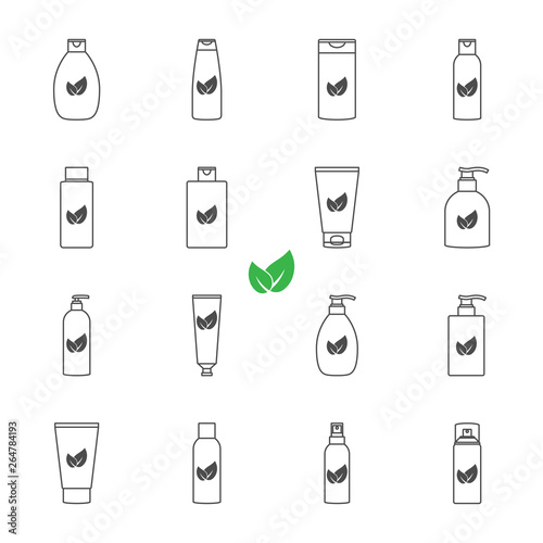 Cosmetic bottles organic products set of vector icons outline style