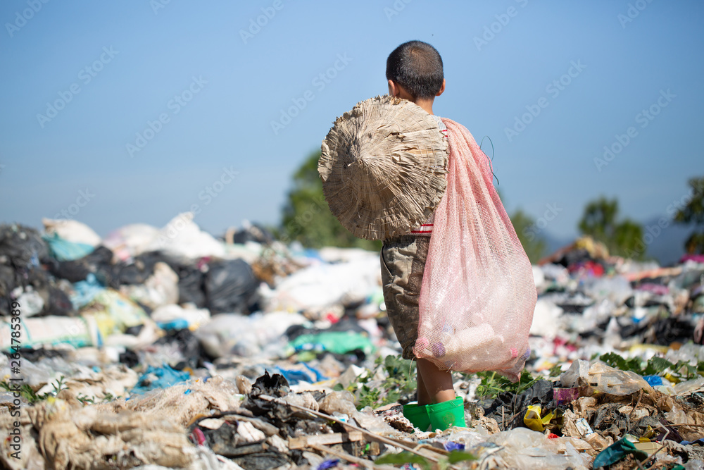 Poor children collect garbage for sale because of poverty, Junk recycle, Child labor, Poverty