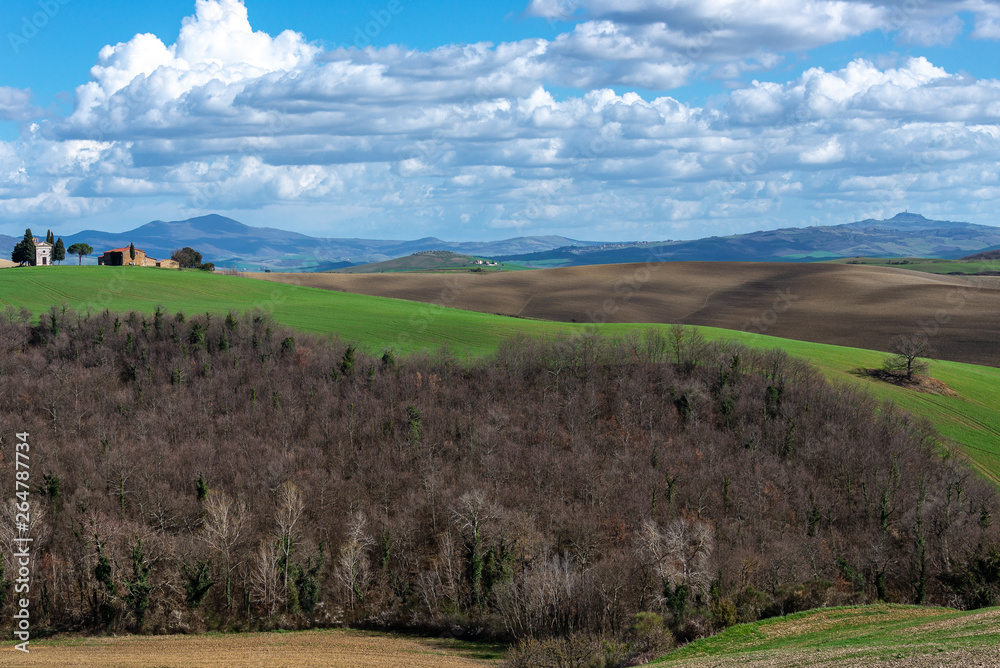 Tuscany landscape with the little chapel of Madonna di Vitaleta, Italy