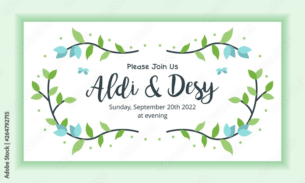 Wedding marriage invitation template horizontal landscape layout with floral frame