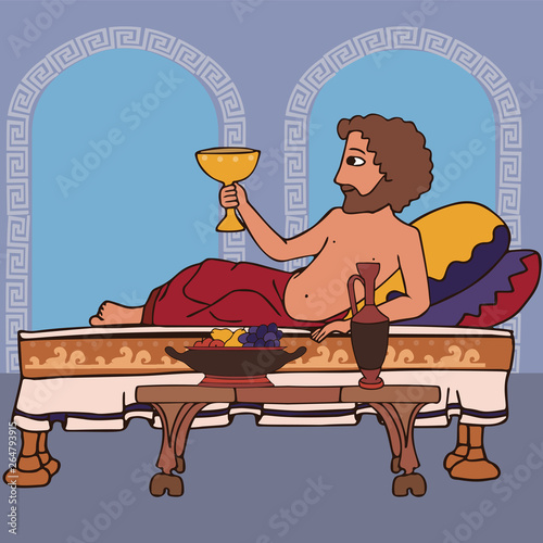 ancient greek man reclines on the bed drinking wine