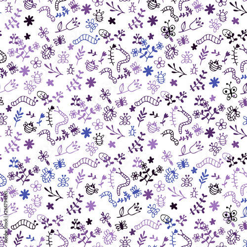 Seamless Doodle vector pattern: bugs, spiders, butterflies, dragonfly, bee, caterpillar, grass, flowers