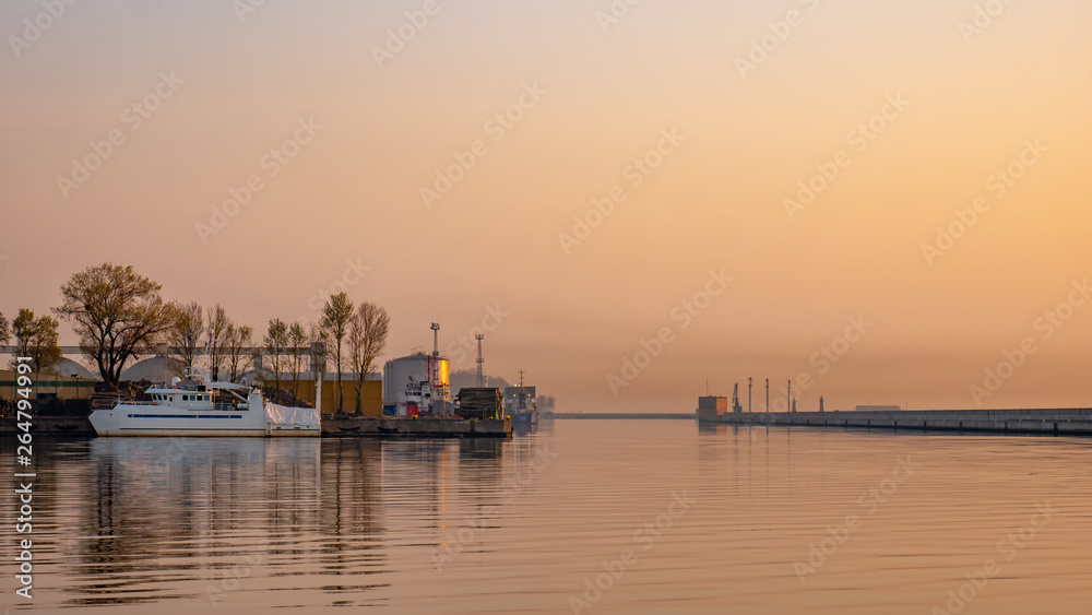 View of port area in Gdynia at Baltic Sea in Poland. Morning time.
