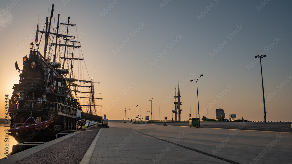 Kosciuszko promenade in the square in Gdynia. Amazing ships and Sails Monument and the monument of Joseph Conrad.