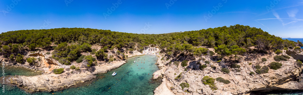 Aerial view, secluded cove Cala Falco or Cap de Falco and Cala Bella Donna with rugged cliffs, Sol de Mallorca, Cala Vinyes and Calvia, Mallorca, Balearic Islands, Spain