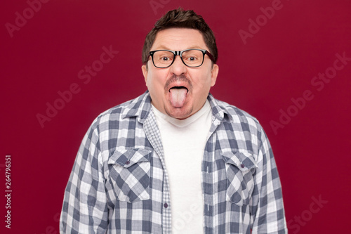 Portrait of funny crazy handsome middle aged business man in casual checkered shirt and eyeglasses standing, tongue out and looking at camera