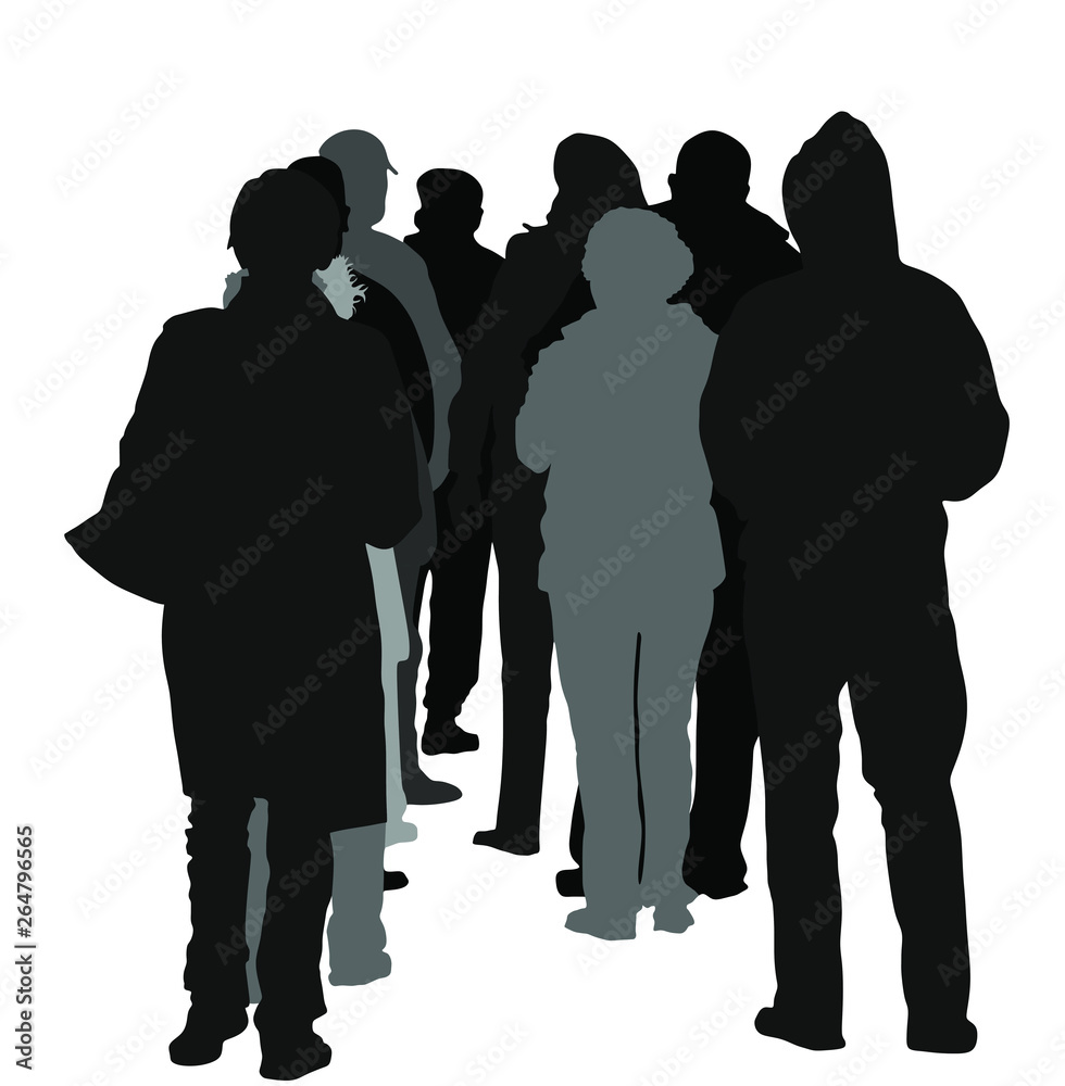 Group of people waiting in line vector silhouette isolated on white background. Back view. Black Friday situation in front of market before opening. Border situation, big crowd work stoppage, collapse