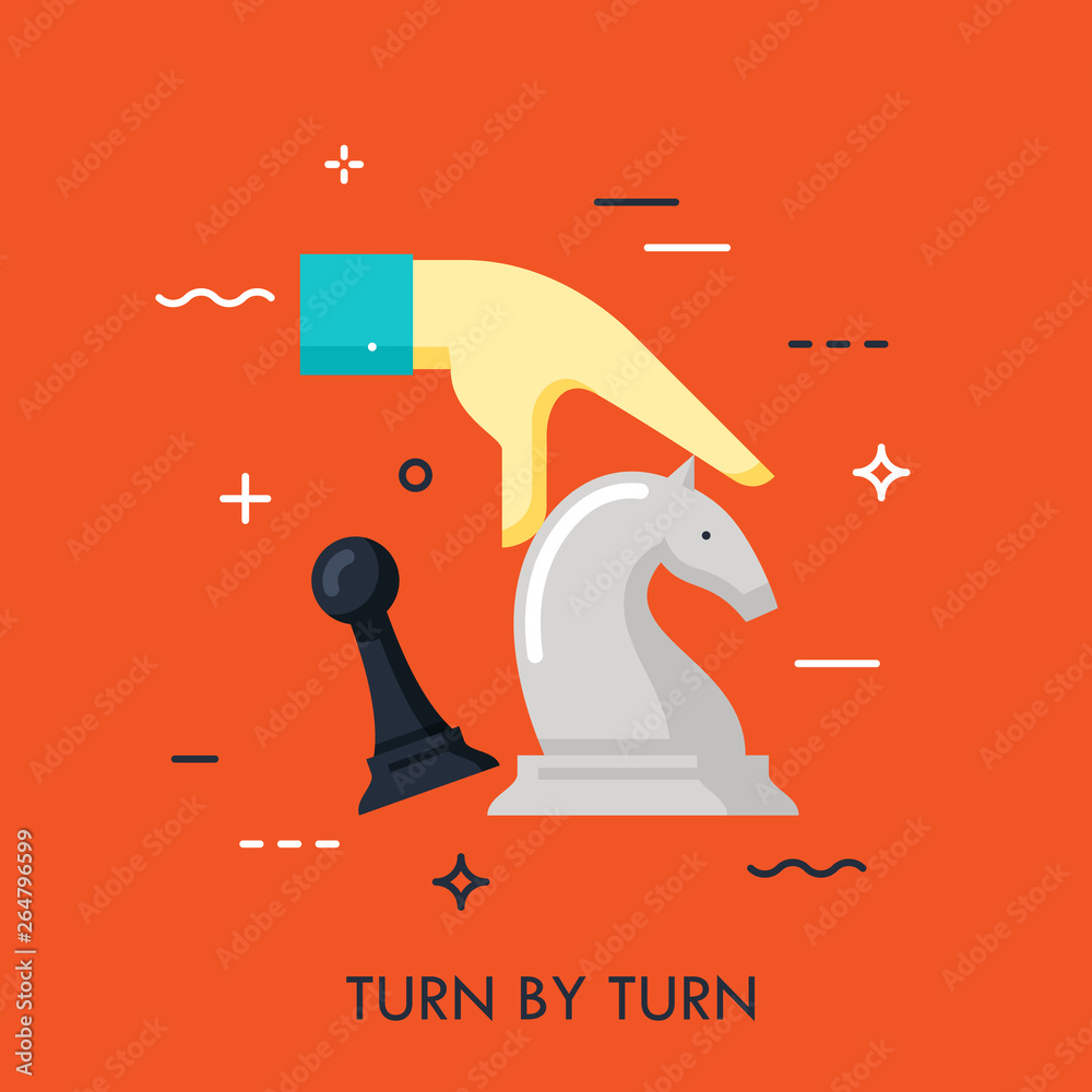 Hand moving white knight chess piece. Turn by turn smart strategy business concept. Board game competition icon. Vector illustration in thin line style for website, banner, poster, advertisement. Hand moving white knight chess piece. Turn by turn smart strategy business concept. Board game competition icon. Vector illustration in thin line style for website, banner, poster, advertisement.