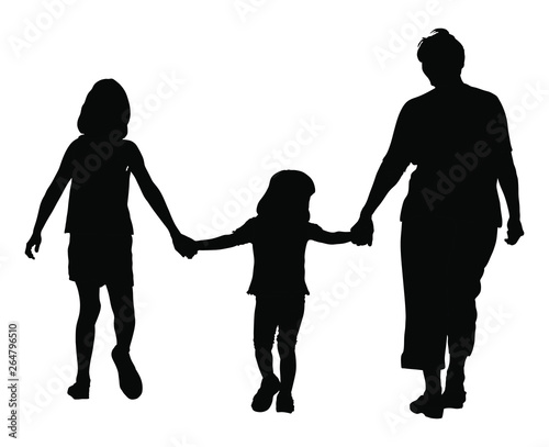 Grandmother with grandchildren walking in park vector silhouette illustration.On the way to school. Adopted child enjoying. Family values. Happy kids with granny outdoor fun. Holding hands family.