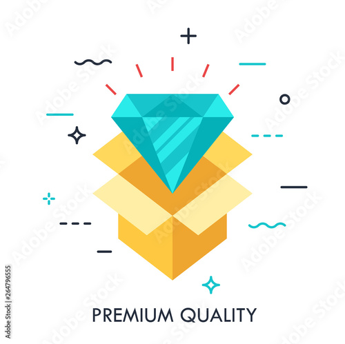 Shining diamond and opened cardboard box. Premium quality product icon, uxury goods delivery concept. Vector illustration in flat style for website,applications,banner,header,badge,jewelry store logo.