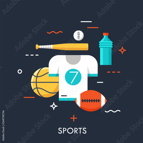 Sports equipment for player, sporting goods and sportswear shop logo. Championship, tournament, competition concept. Vector illustration in flat style for website, banner, poster, presentation.