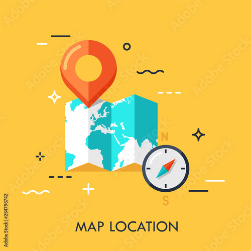 World map, destination point pin and compass. GPS navigation and location search concept, touristic service and travel mobile application logo. Vector illustration in flat style for website, ad.