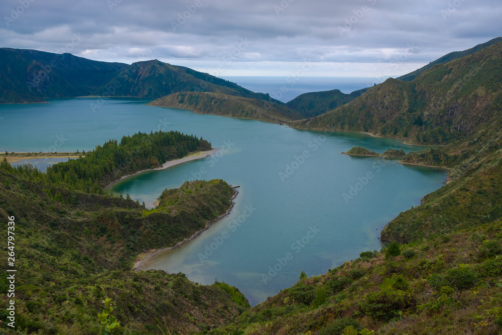 Amazing Landscape View to Lagoon of Fogo on a foggy day, Sao Miguel Island, Azores, Portugal
