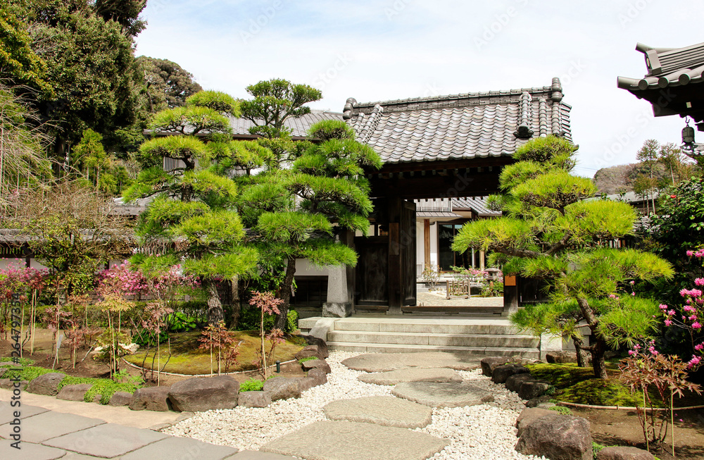 Entrance in traditional zen garden inside Hase-Dera or Hase-kannon Shinto, Hasedera Temple, Kamakura, Japan