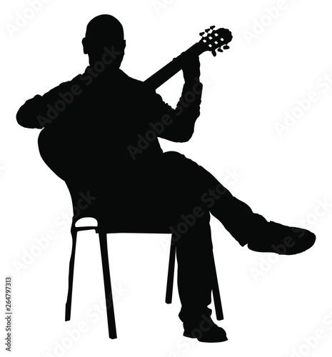 Music man sitting on the chair with guitar. Guitarist vector silhouette illustration, guitar player artist. Concert entertainment for public. Musician show on stage.