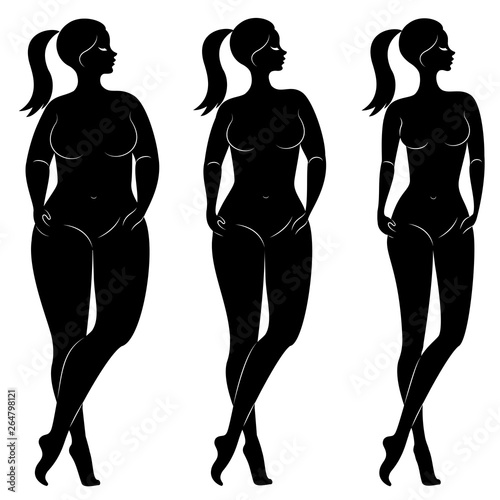 Collection. Silhouette of a beautiful woman figure. The girl is thin, slender and the woman is fat. The lady is standing. Set of vector illustrations