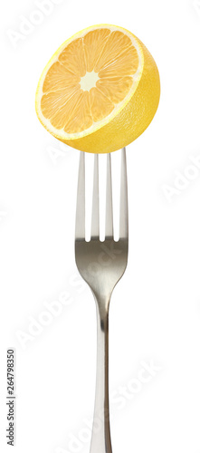 Lemon yellow cut single on impaled on a fork isolated on white background with clipping path.