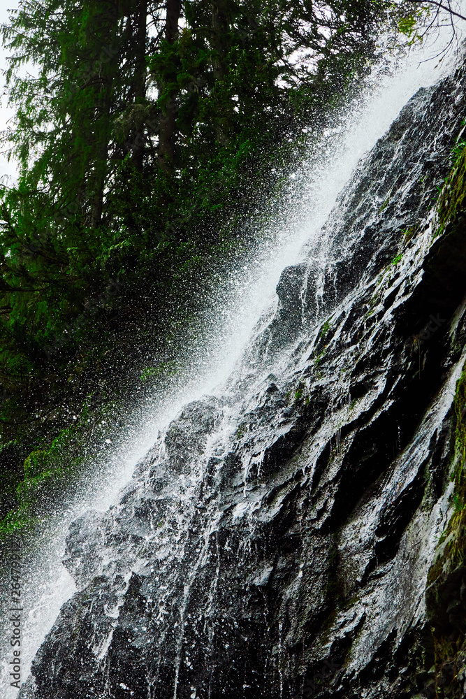 high mountain waterfall in the woods , Yalinsky mountain waterfall , Ukraine , Carpathians high mountain waterfall in the woods , Yalinsky mountain waterfall , Ukraine , Carpathians