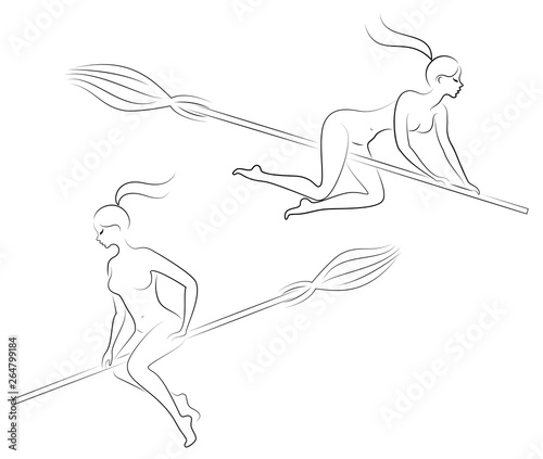 Collection. Fantastic character from a fairy tale, the witch girl. A woman flies on her broom for Halloween. The lady is naked and beautiful. Vector illustration set