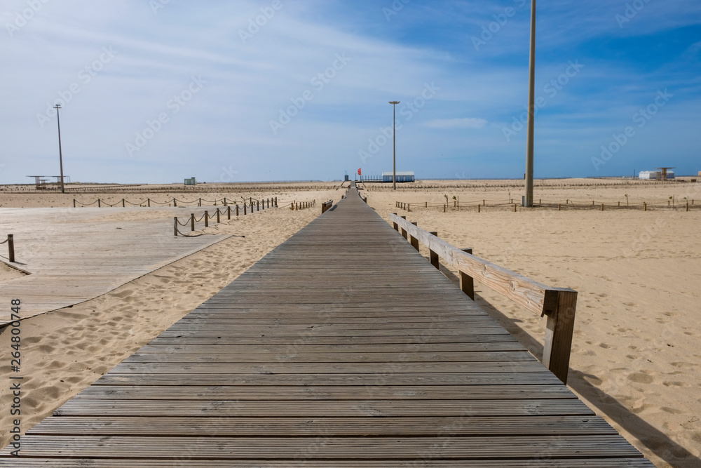 Wood walkway on the Sand Beach, Praia do Relogio - Watch Beach - Figueira da Foz, Portugal