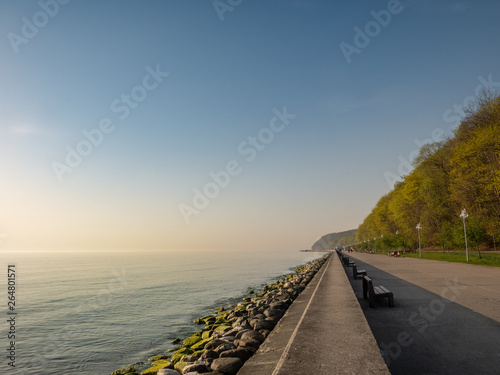 The seaside boulevard in Gdynia in the morning. Amazing concrete promenade near the beach at spring. © Kamil