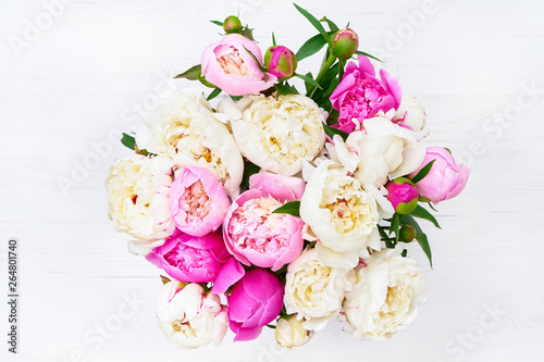 Bouquet of pink and white peony. Flowers background. View from above, copy space.