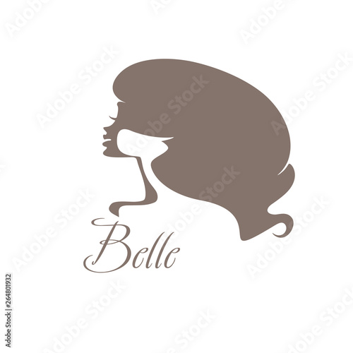 Belle. Vector young beauty silhouette face profile with lush hairstyle. Flat design vector logo salon hairstyles.