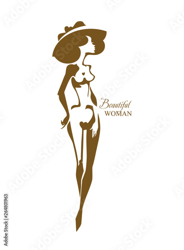 Beautiful woman. Vector female nude beauty in a hat silhouette. Can be used for the logo of a beauty salon, aesthetic medicine, other.