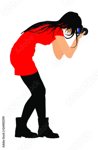 Photographer lady with camera vector illustration. Paparazzi shooting on event. Photo reporter on duty. Sport photography. Journalist woman work breaking news. Wedding fashion photographer focusing.