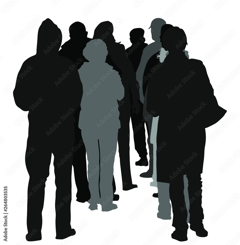 Back view group of people waiting in line vector silhouette isolated on white. Black Friday situation in front of market before opening. Border refugees situation, big crowd work stoppage, collapse.