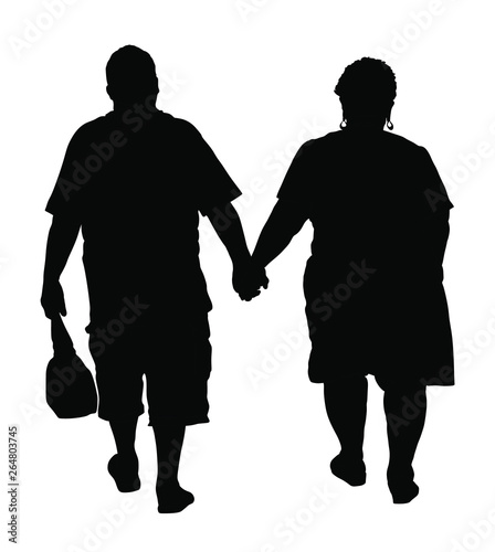 Happy elderly seniors fat couple hold hands vector silhouette. Mature coupe in love together isolated on white. Grandmother and grandfather closeness in public. Golden age for travel and peace in soul