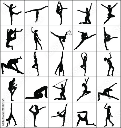 Large collection of ballet girl vector silhouette figure performance isolated on white background. Gymnastic woman. Rhythmic Gymnastics lady vector. Ballet dancer. Athlete woman in gym exercise.