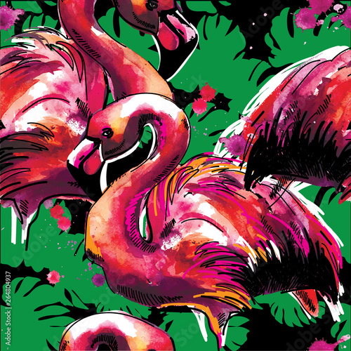 Pattern with flamingos. Drawing by hand. Bright watercolor stain. Multicolored paint stains. Stylish summer tropical background. Pink birds.
