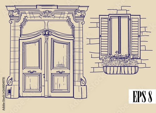 Antique door. Door in modern style. Wooden door with stucco and window. Window with flowers. Freehand drawing in vintage style.