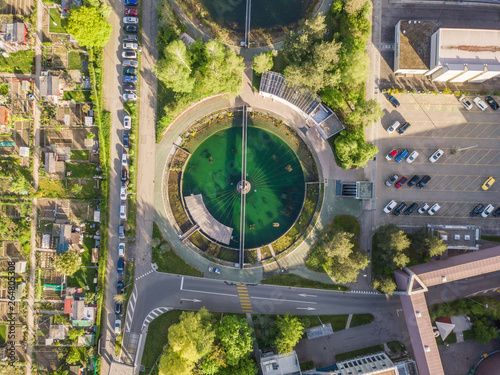 Aerial view of circular tank in wastewater treatment plant