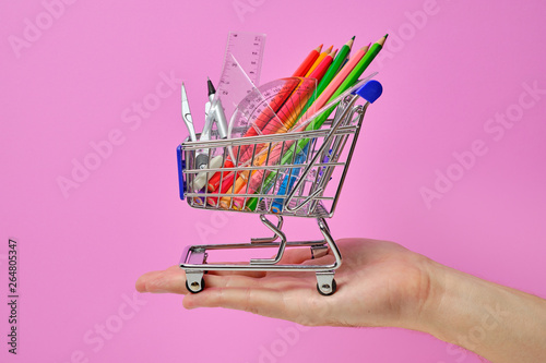 Shopping cart with school staff holding in hand
