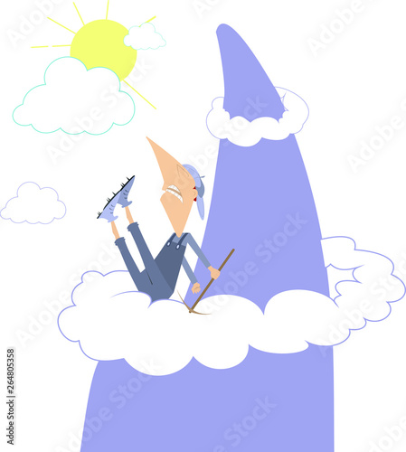 Falling climber and mountains illustration. Extreme climber with an ice axe falls down from the high mountain illustration 