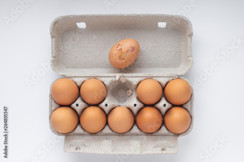 chicken brown eggs in a tray, one egg is damaged, top view
