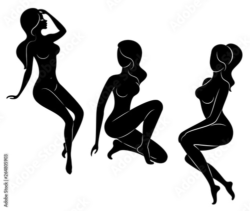 Collection. Silhouette of a sweet lady, she sits and stands. The girl has a beautiful nude figure. A woman is a young slender and sexy model. Set of vector illustrations