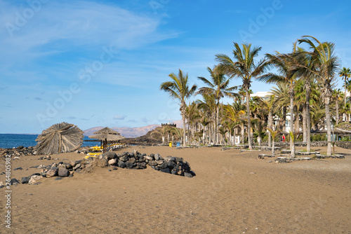 Lanzarote, Canary Islands, Spain. Province of Las Palmas. Sandy volcanic beach. Stones on the sand, growing palms, sun beds and umbrellas. The resting place of tourists at the Atlantic Ocean