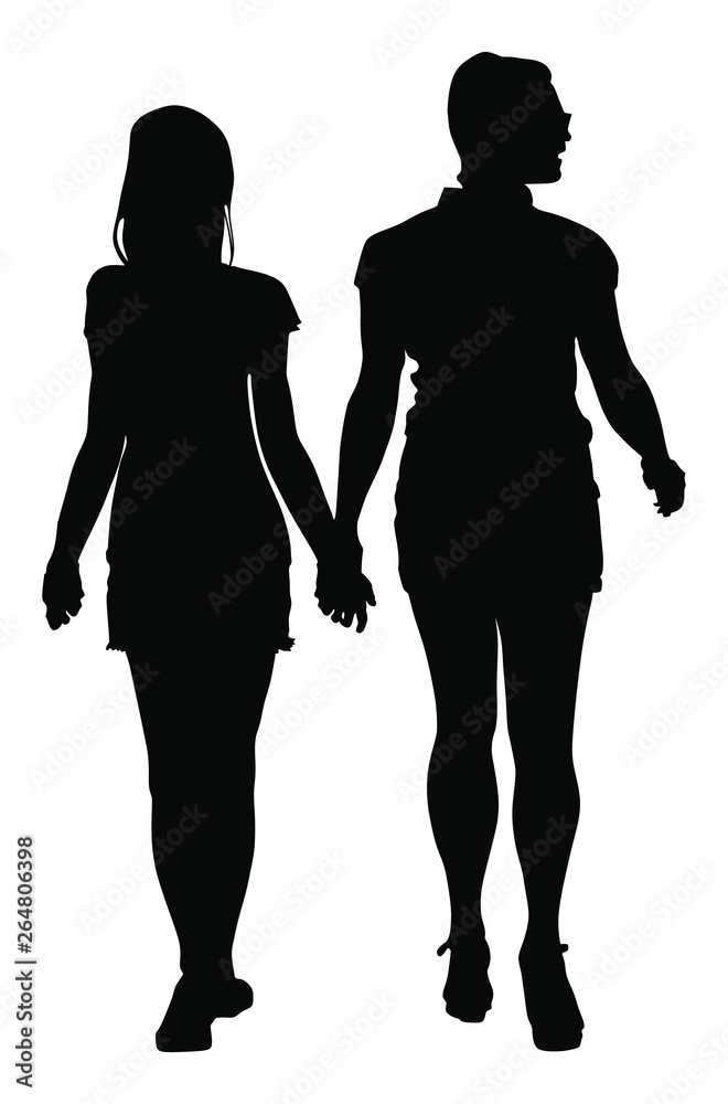Two lesbian girls hand to hand vector silhouette illustration isolated on white background. Lovely lesbian couple walking the street. Closeness in public. Lesbo couple.