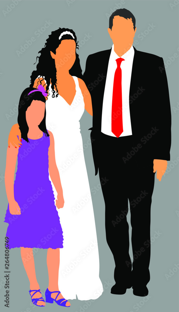 Family Group At Wedding vector illustration. Multi generation. Happy Bride with father and little sister. Just married. Family photo memory. Wedding dresses. Family Group At Wedding vector illustration. Multi generation. Happy Bride with father and little sister. Just married. Family photo memory. Wedding dresses.