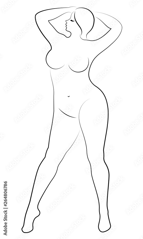 Silhouette of a big woman's figure. The girl is standing. The woman is overweight, she is beautiful and sexy. Vector illustration.